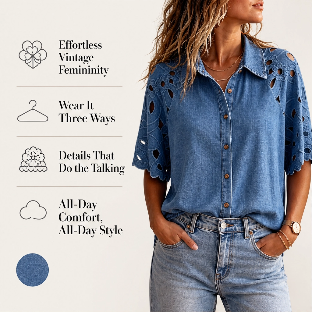 Everly – Floral Eyelet Cutout Denim Shirt + 50% OFF