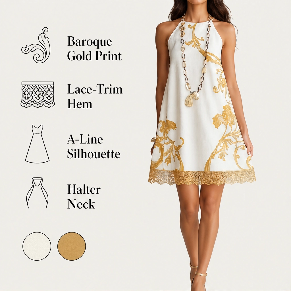 Solenne – Gold Baroque Print Lace-Trim Sleeveless Mini Dress + 50% OFF