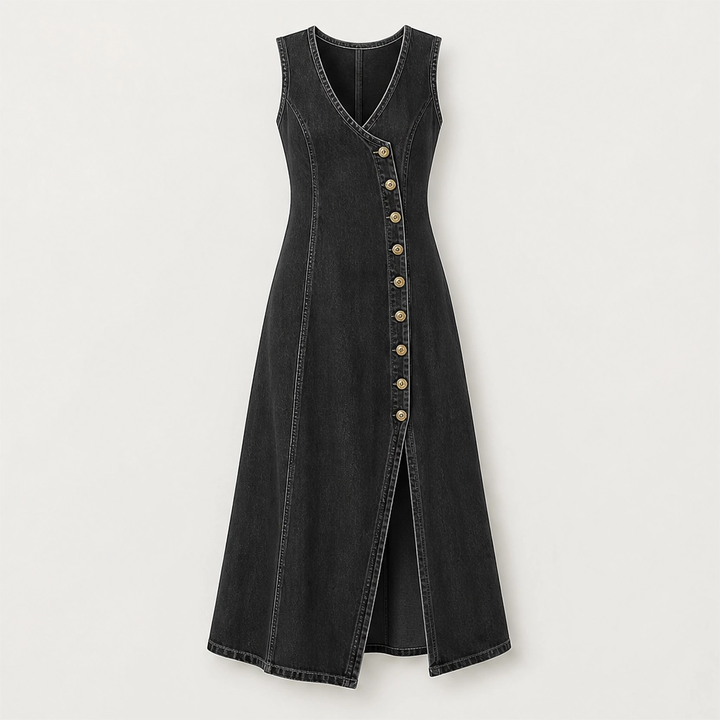 Marlowe – V-Neck Button-Front Denim Maxi Dress with Side Slit + 50% OFF
