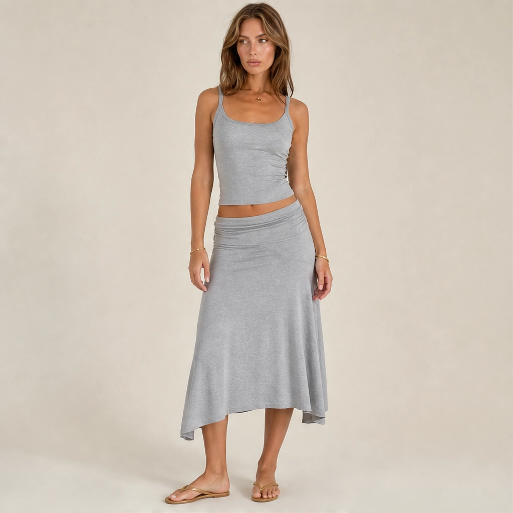 Velisse – Fold-Over Waist, Draped Asymmetric Hem Two-Piece Skirt Set+ 50% OFF