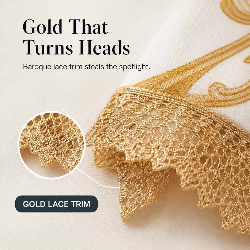 Solenne – Gold Baroque Print Lace-Trim Sleeveless Mini Dress + 50% OFF