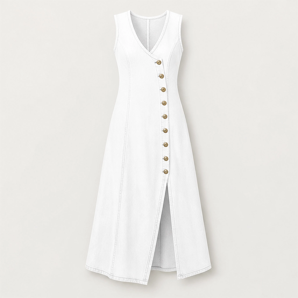 Marlowe – V-Neck Button-Front Denim Maxi Dress with Side Slit + 50% OFF