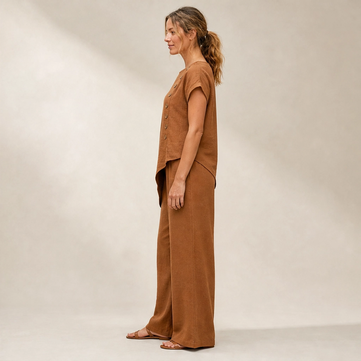 Sundrift – Asymmetric Button-Hem Top &amp; Wide-Leg Pants 2-Piece Linen Set + 50% OFF
