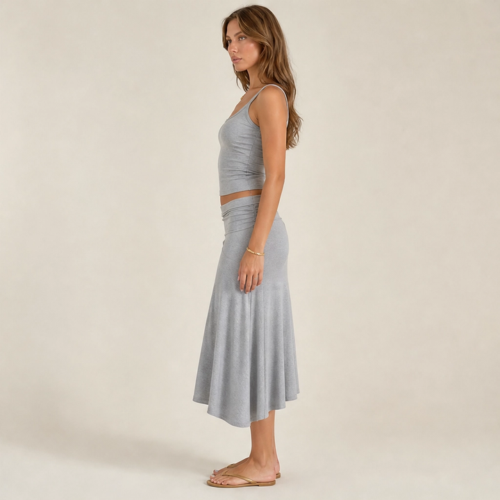 Velisse – Fold-Over Waist, Draped Asymmetric Hem Two-Piece Skirt Set+ 50% OFF