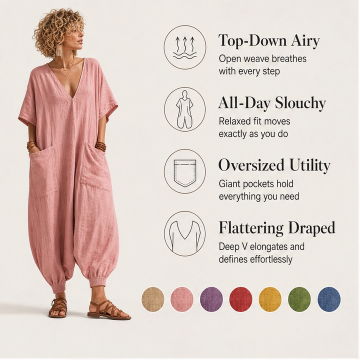 Willowmere – Airy Linen-Blend V-Neck Oversized Jumpsuit with Pockets + 50% OFF