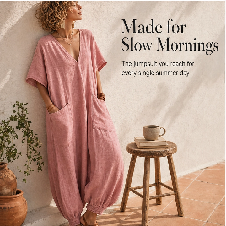 Willowmere – Airy Linen-Blend V-Neck Oversized Jumpsuit with Pockets + 50% OFF