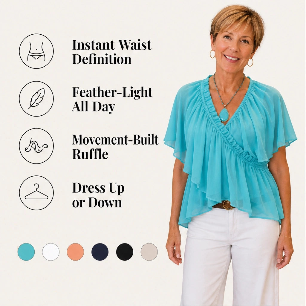 Thalise – Ruffled Faux-Wrap Chiffon Blouse with Flutter Sleeves + 50% OFF