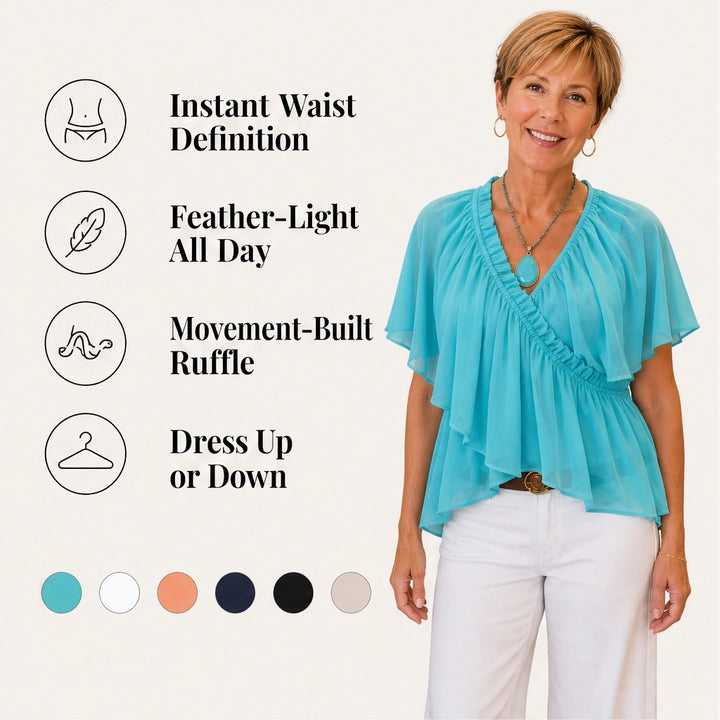 Thalise – Ruffled Faux-Wrap Chiffon Blouse with Flutter Sleeves + 50% OFF