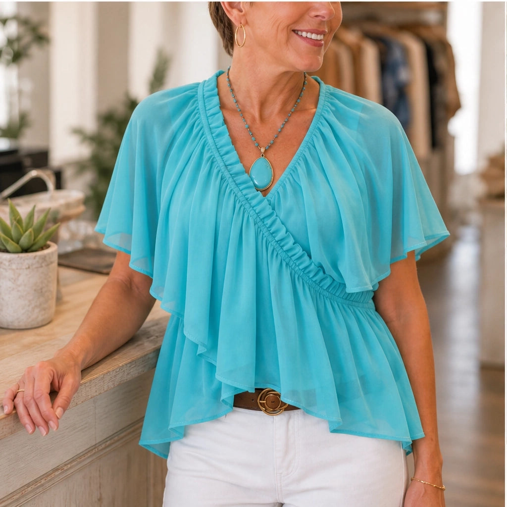 Thalise – Ruffled Faux-Wrap Chiffon Blouse with Flutter Sleeves + 50% OFF