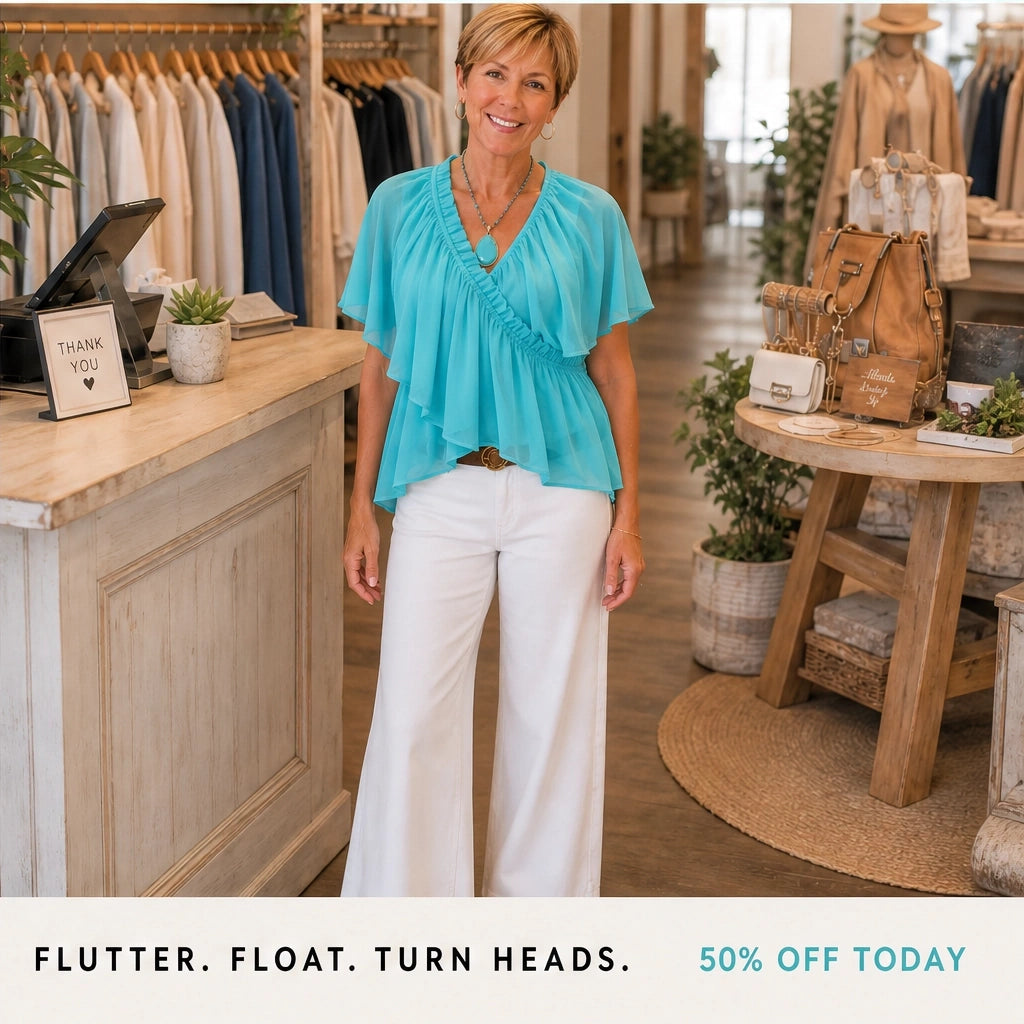 Thalise – Ruffled Faux-Wrap Chiffon Blouse with Flutter Sleeves + 50% OFF