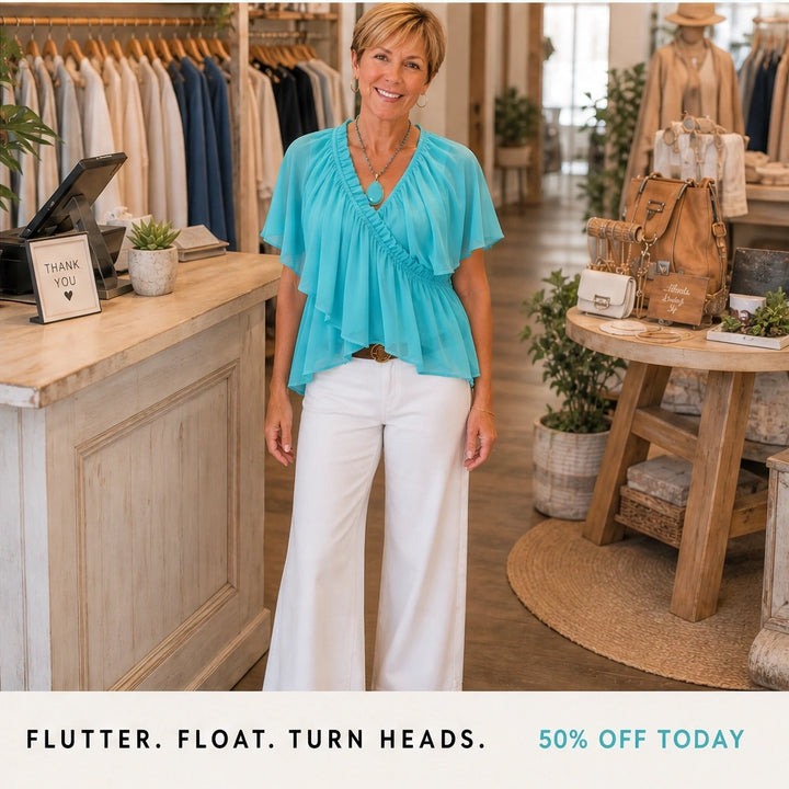 Thalise – Ruffled Faux-Wrap Chiffon Blouse with Flutter Sleeves + 50% OFF