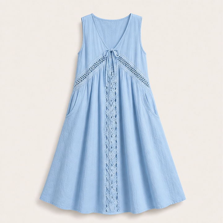 Solenne – Sleeveless V-Neck Lace-Trim Midi Dress with Pockets + 50% OFF