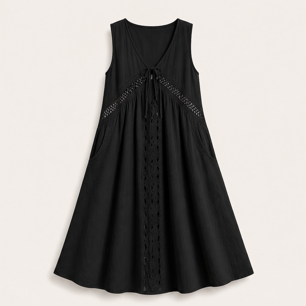 Solenne – Sleeveless V-Neck Lace-Trim Midi Dress with Pockets + 50% OFF