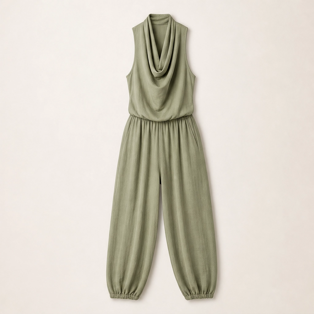 Solveia – Draped Halter Jumpsuit with Breathable Elastic-Waist Comfort + 50% OFF