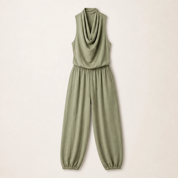 Solveia – Draped Halter Jumpsuit with Breathable Elastic-Waist Comfort + 50% OFF