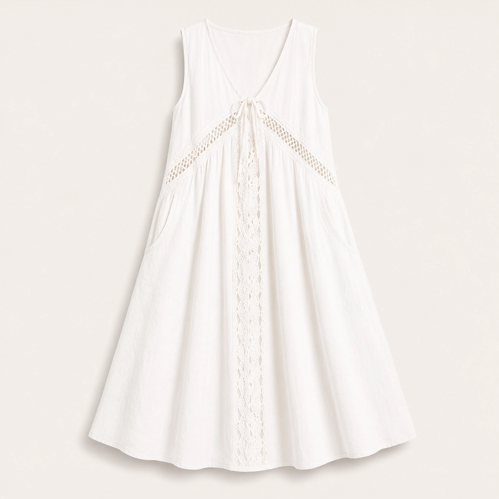 Solenne – Sleeveless V-Neck Lace-Trim Midi Dress with Pockets + 50% OFF