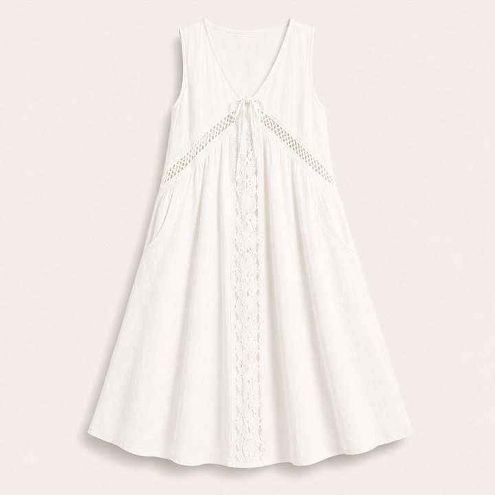 Solenne – Sleeveless V-Neck Lace-Trim Midi Dress with Pockets + 50% OFF