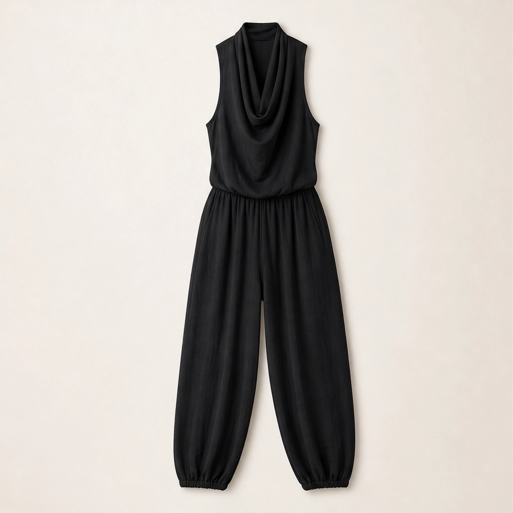Solveia – Draped Halter Jumpsuit with Breathable Elastic-Waist Comfort + 50% OFF