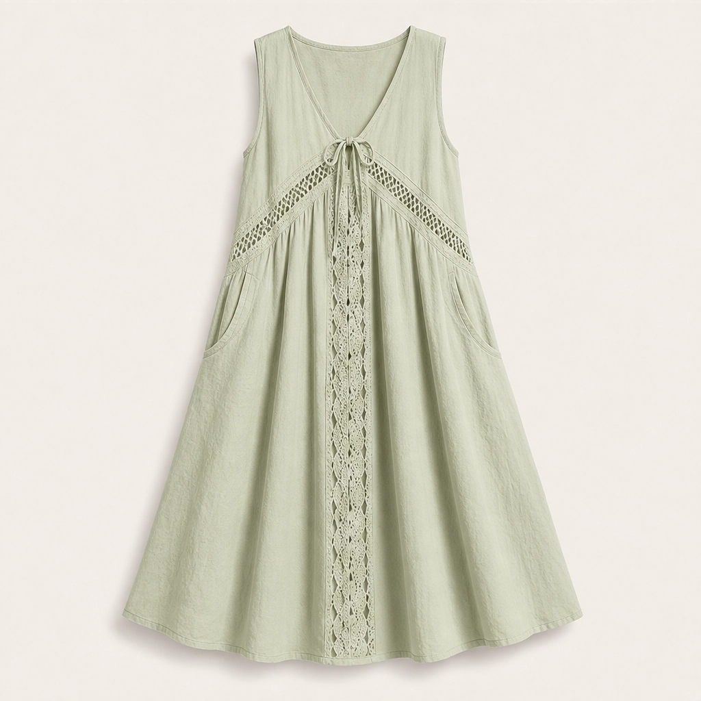 Solenne – Sleeveless V-Neck Lace-Trim Midi Dress with Pockets + 50% OFF