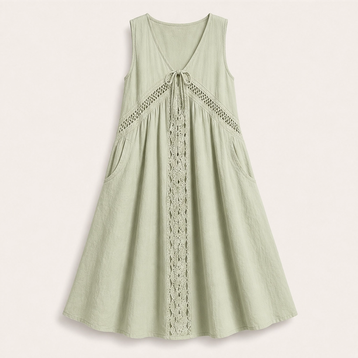 Solenne – Sleeveless V-Neck Lace-Trim Midi Dress with Pockets + 50% OFF