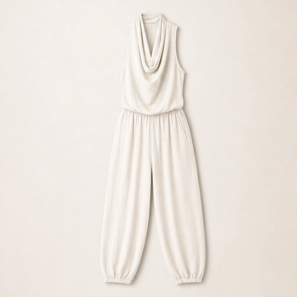 Solveia – Draped Halter Jumpsuit with Breathable Elastic-Waist Comfort + 50% OFF