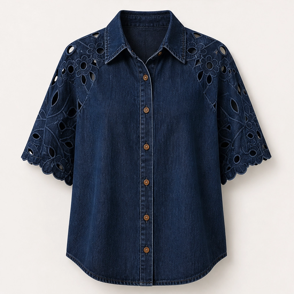 Everly – Floral Eyelet Cutout Denim Shirt + 50% OFF