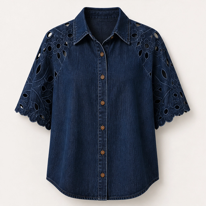 Everly – Floral Eyelet Cutout Denim Shirt + 50% OFF