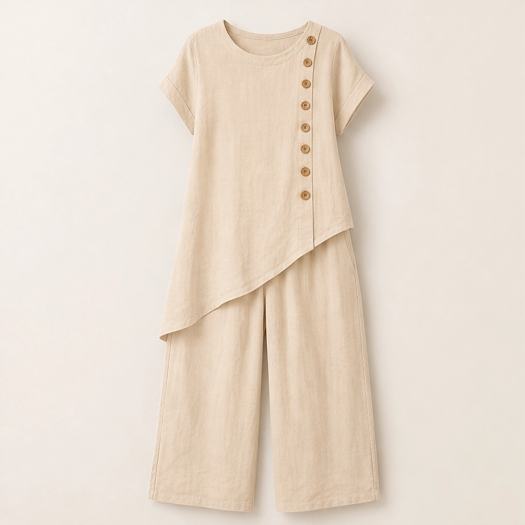 Sundrift – Asymmetric Button-Hem Top &amp; Wide-Leg Pants 2-Piece Linen Set + 50% OFF