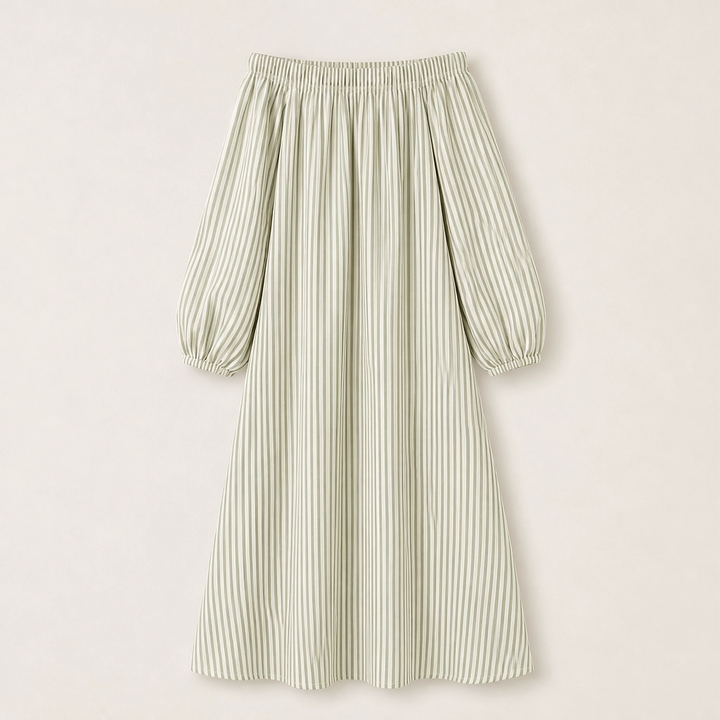 Solene – Off-Shoulder Lantern-Sleeve Maxi Dress with Pockets + 50% OFF