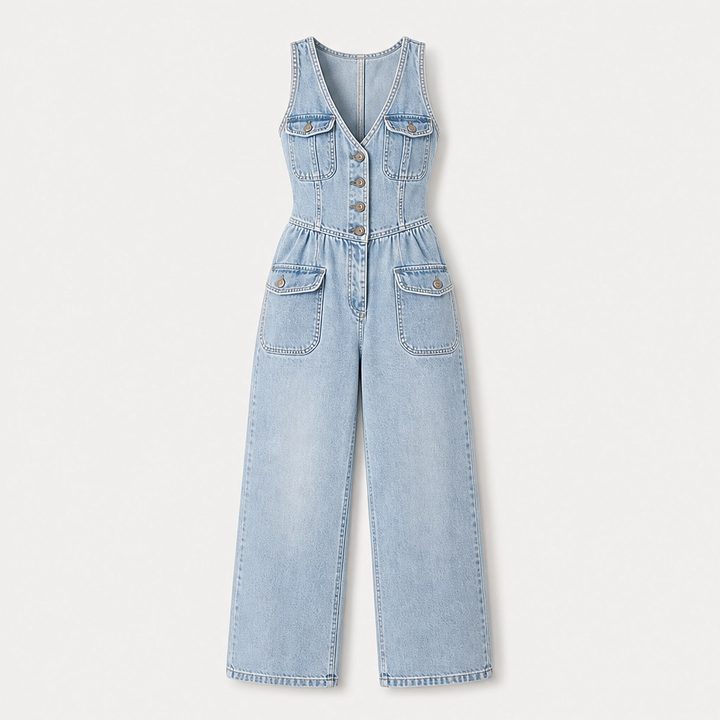 Willowdrift – Button-Front Wide-Leg Denim Jumpsuit + 50% OFF