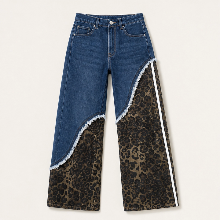 Prowl – Leopard Patchwork Wide-Leg Cotton Jeans + 50% OFF