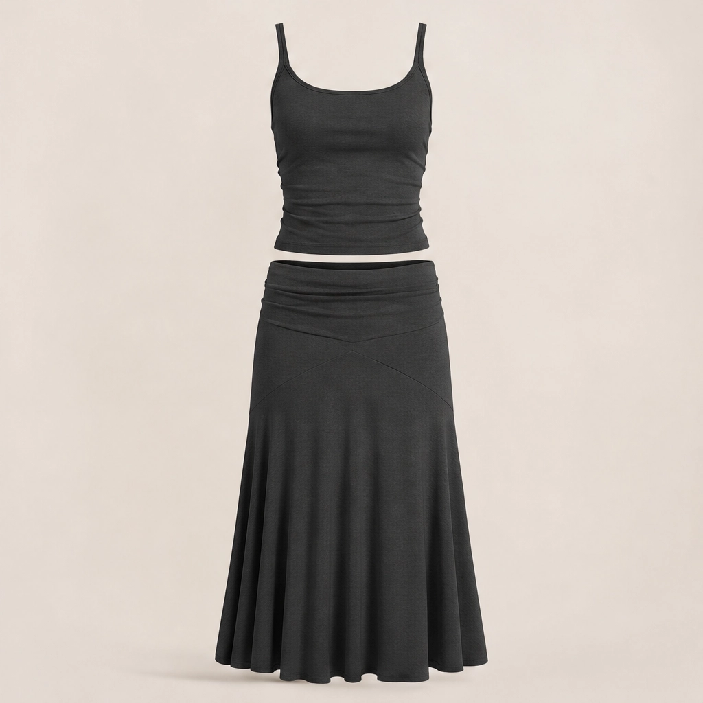 Velisse – Fold-Over Waist, Draped Asymmetric Hem Two-Piece Skirt Set+ 50% OFF