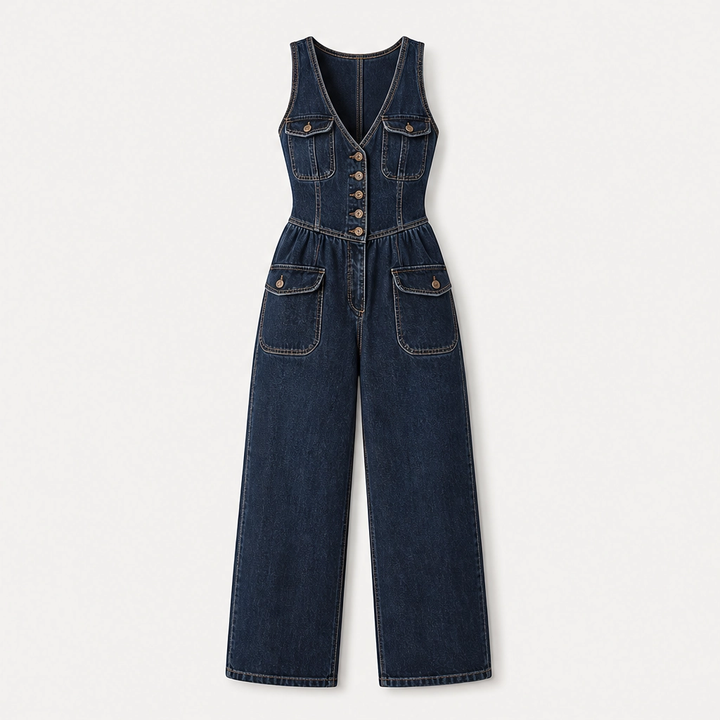 Willowdrift – Button-Front Wide-Leg Denim Jumpsuit + 50% OFF