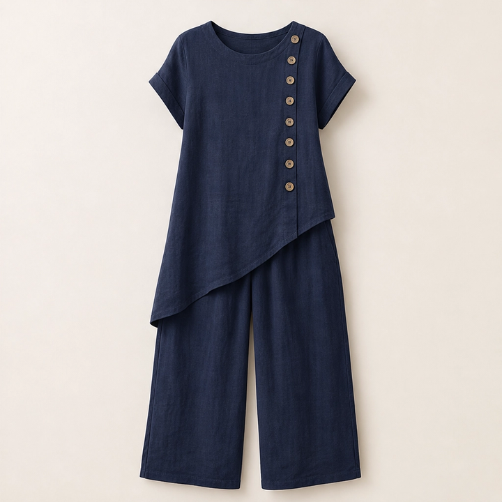 Sundrift – Asymmetric Button-Hem Top &amp; Wide-Leg Pants 2-Piece Linen Set + 50% OFF