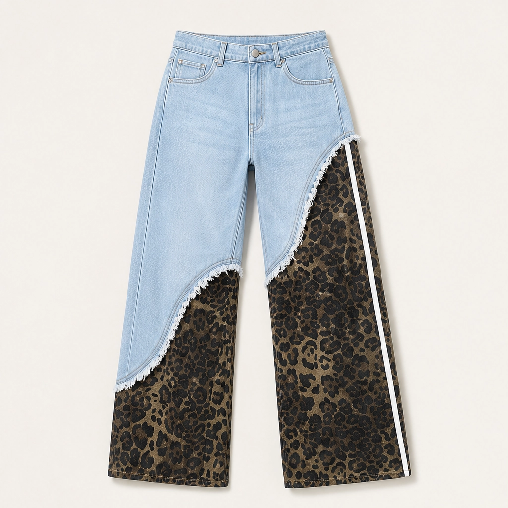 Prowl – Leopard Patchwork Wide-Leg Cotton Jeans + 50% OFF