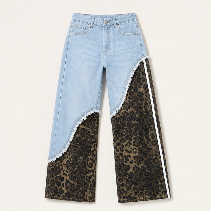 Prowl – Leopard Patchwork Wide-Leg Cotton Jeans + 50% OFF