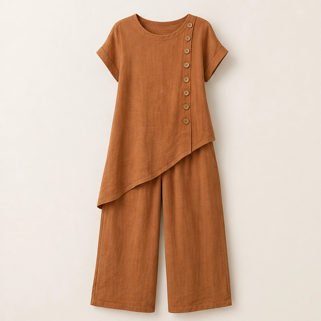 Sundrift – Asymmetric Button-Hem Top &amp; Wide-Leg Pants 2-Piece Linen Set + 50% OFF