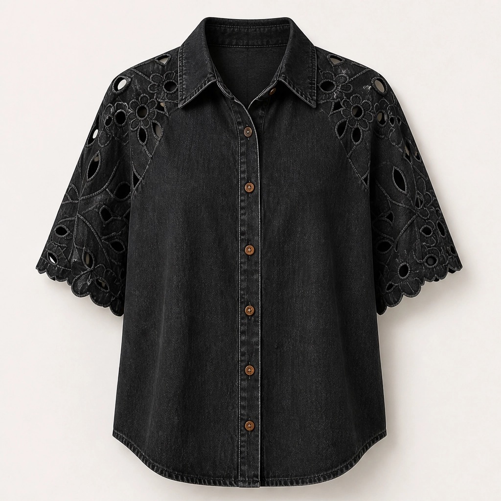 Everly – Floral Eyelet Cutout Denim Shirt + 50% OFF