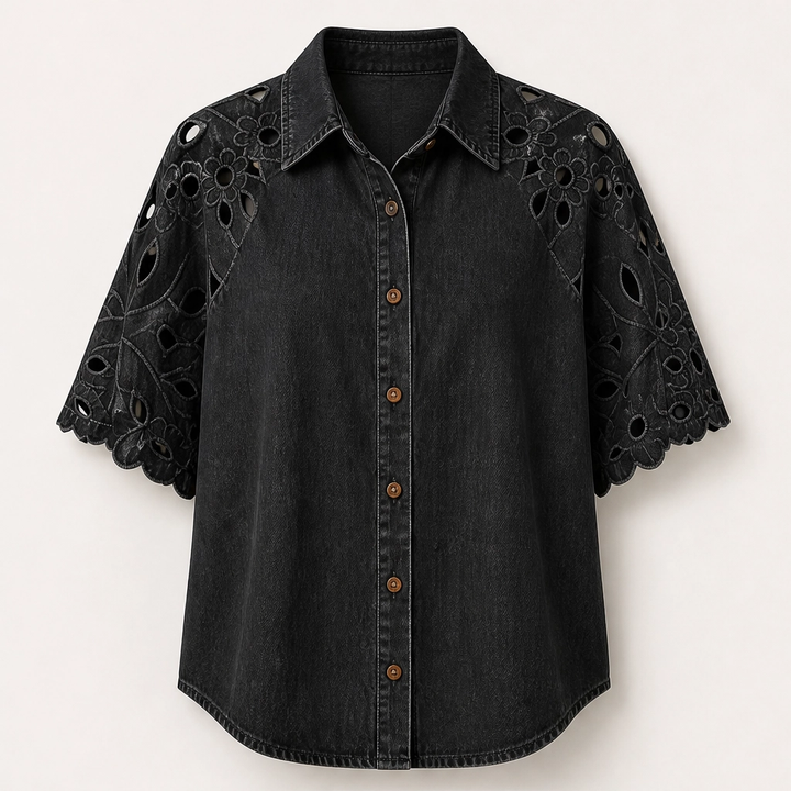 Everly – Floral Eyelet Cutout Denim Shirt + 50% OFF