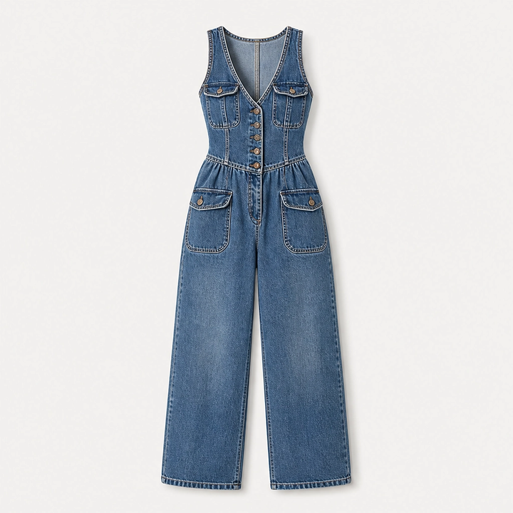 Willowdrift – Button-Front Wide-Leg Denim Jumpsuit + 50% OFF