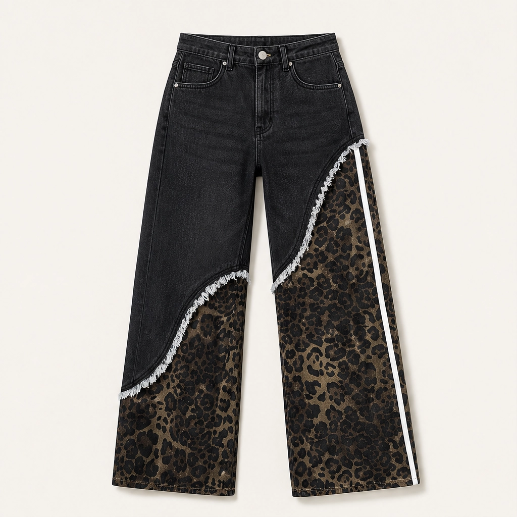 Prowl – Leopard Patchwork Wide-Leg Cotton Jeans + 50% OFF