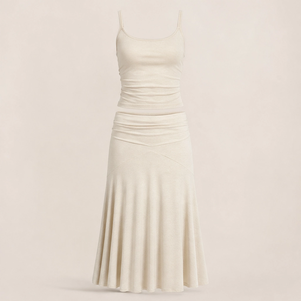 Velisse – Fold-Over Waist, Draped Asymmetric Hem Two-Piece Skirt Set+ 50% OFF