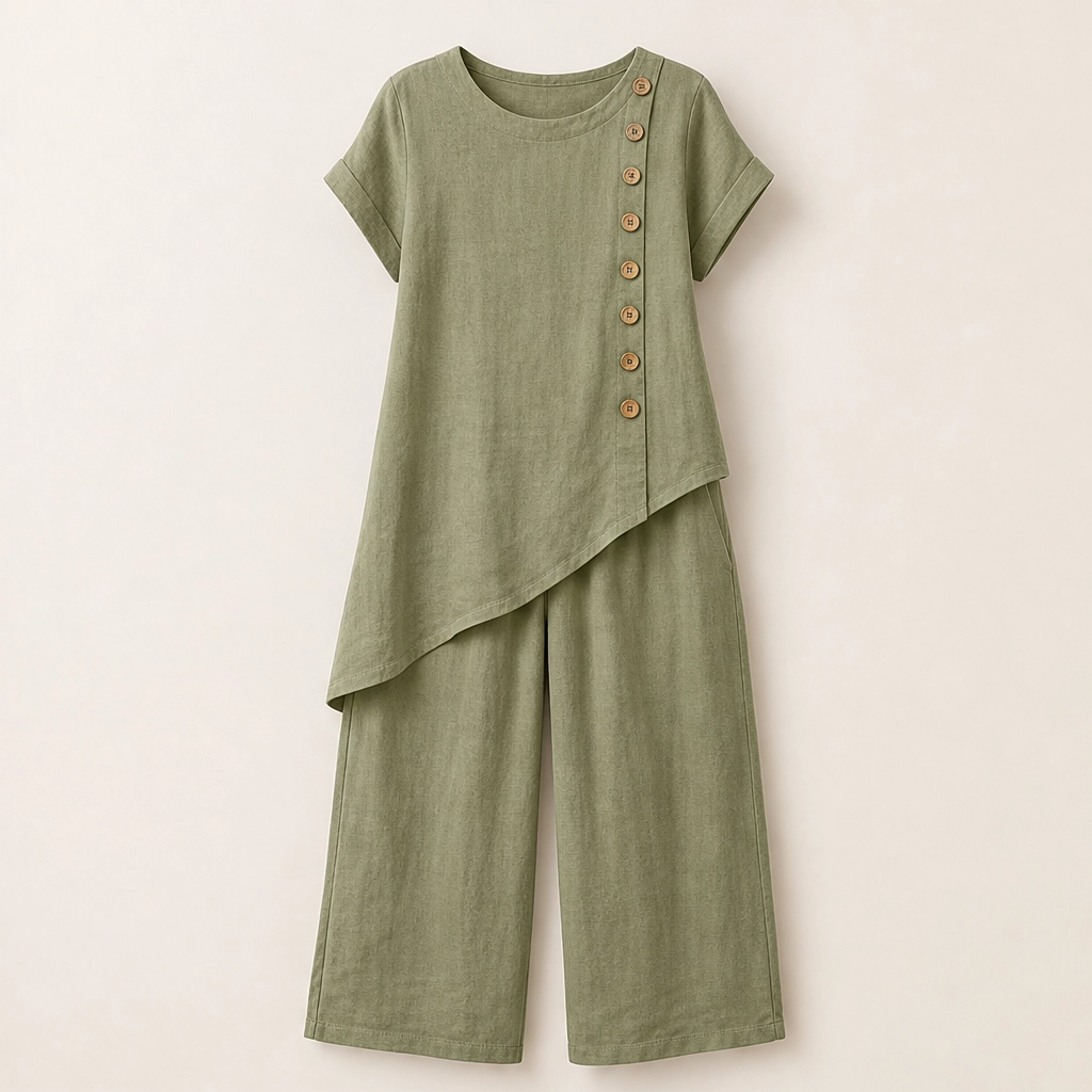 Sundrift – Asymmetric Button-Hem Top &amp; Wide-Leg Pants 2-Piece Linen Set + 50% OFF