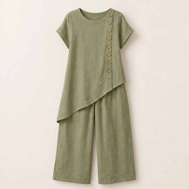 Sundrift – Asymmetric Button-Hem Top &amp; Wide-Leg Pants 2-Piece Linen Set + 50% OFF
