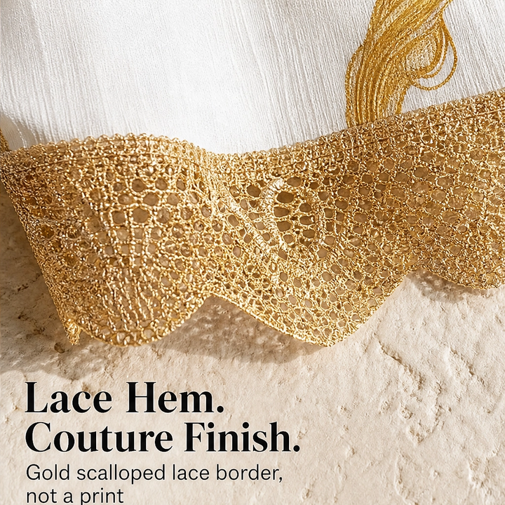 Solenne – Gold Baroque Print Lace-Trim Sleeveless Mini Dress + 50% OFF