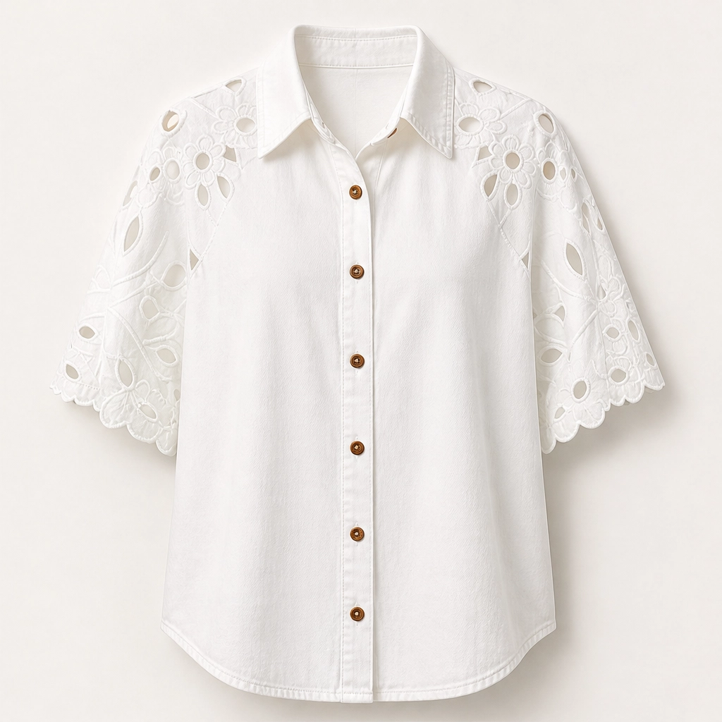Everly – Floral Eyelet Cutout Denim Shirt + 50% OFF