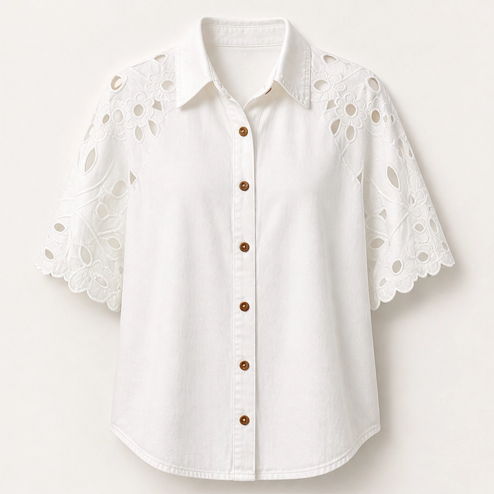 Everly – Floral Eyelet Cutout Denim Shirt + 50% OFF