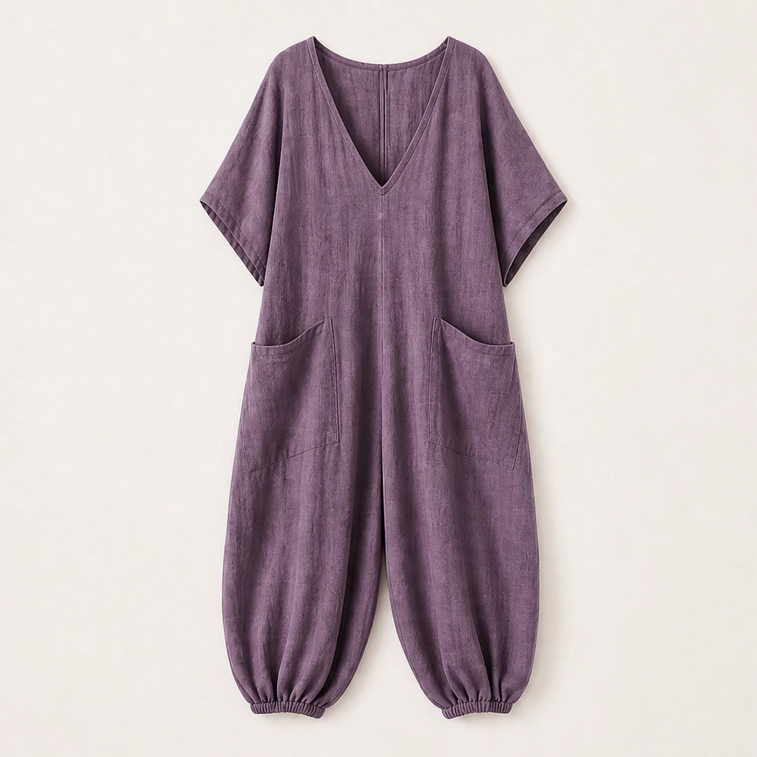 Willowmere – Airy Linen-Blend V-Neck Oversized Jumpsuit with Pockets + 50% OFF