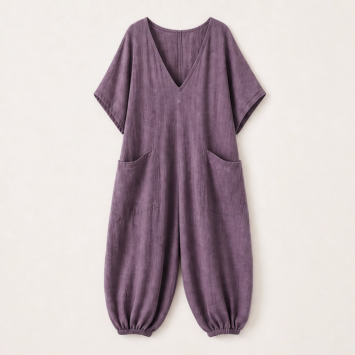 Willowmere – Airy Linen-Blend V-Neck Oversized Jumpsuit with Pockets + 50% OFF