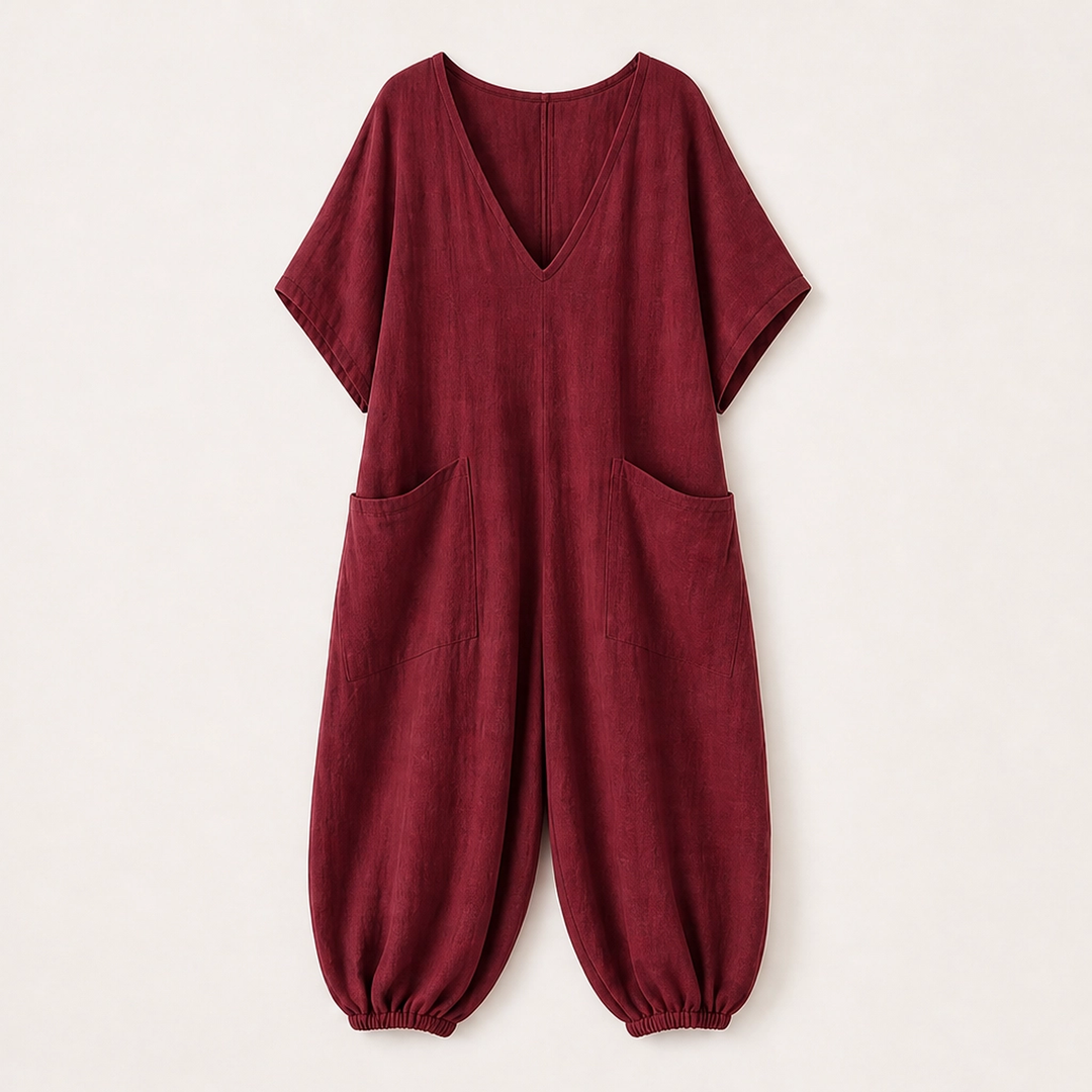 Willowmere – Airy Linen-Blend V-Neck Oversized Jumpsuit with Pockets + 50% OFF